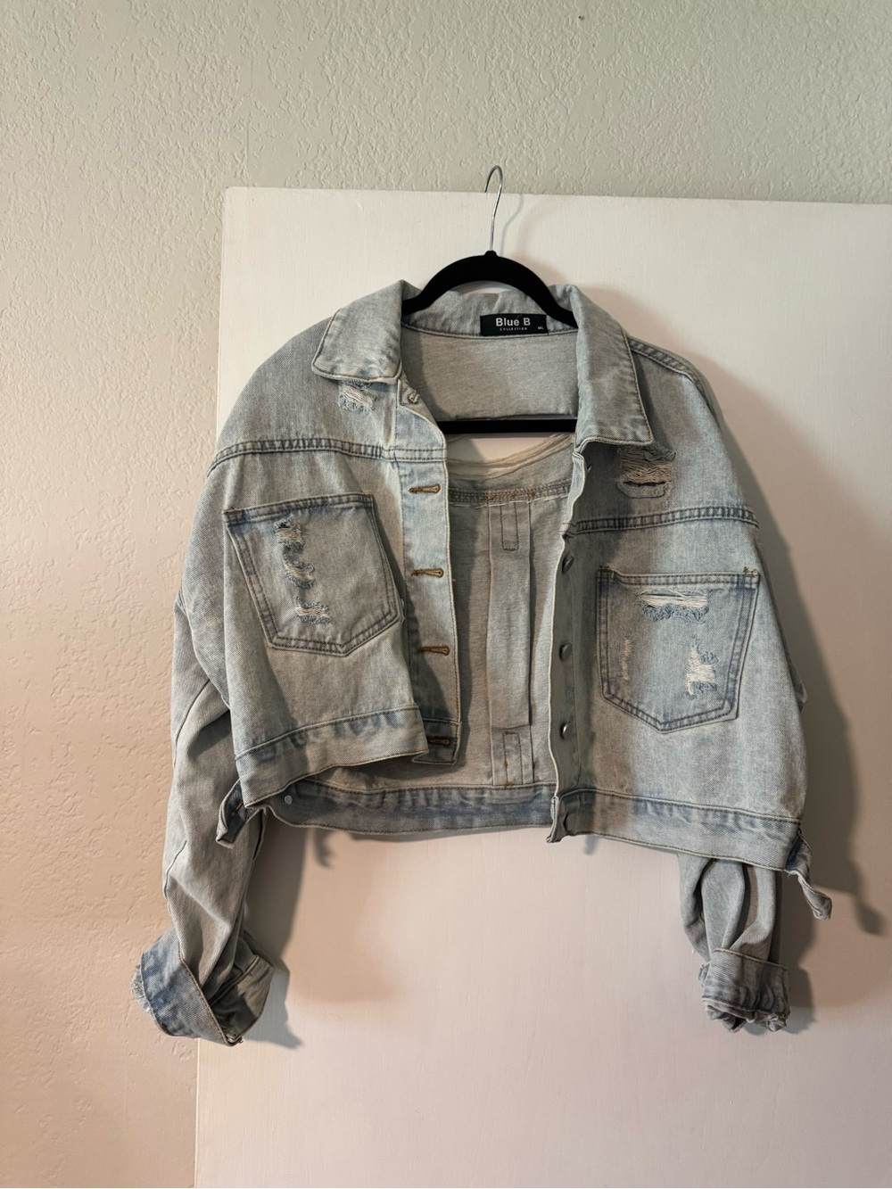 Light Wash Cropped Distressed Denim Jacket with Rhinestone Fringe
